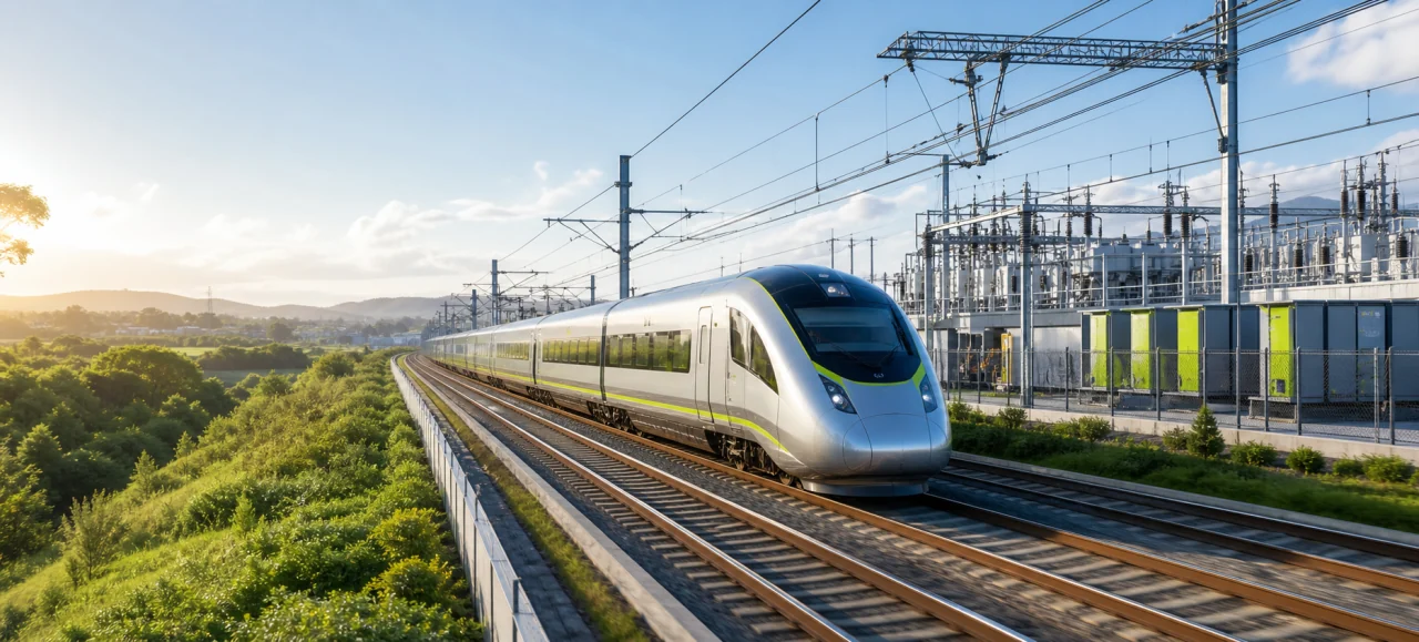 Electrified railway tracks beside traction power equipment