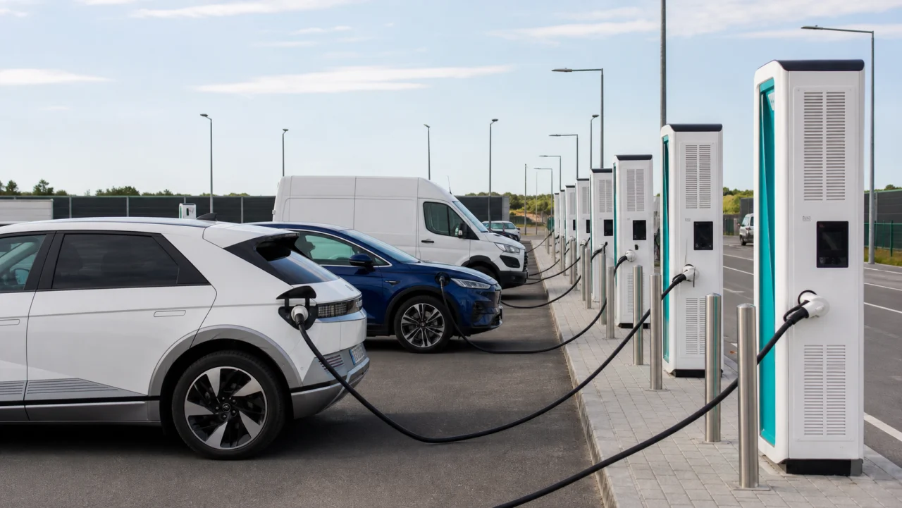Electric cars and a delivery van connected to fast chargers at an EV charging hub