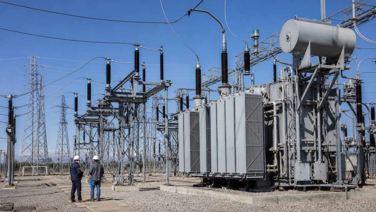 Utility technicians inside a high-voltage electrical substation