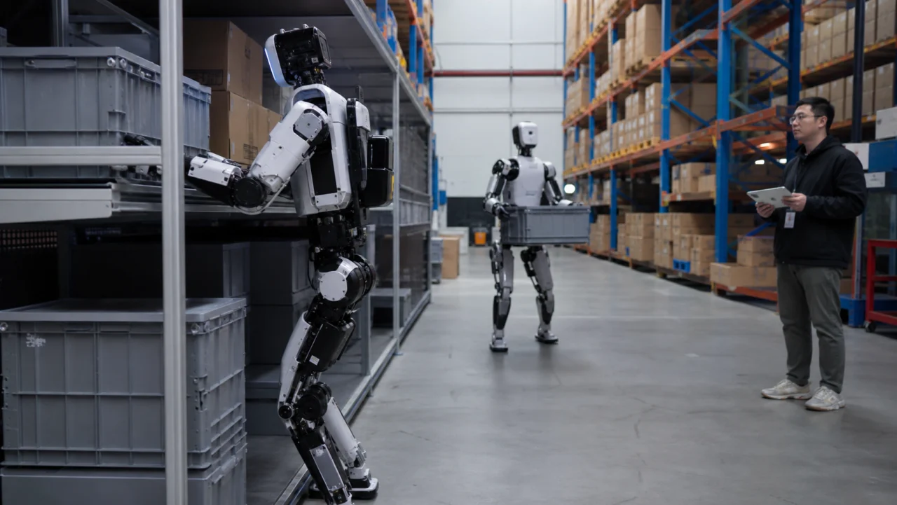 Humanoid robots handling reusable totes inside a logistics warehouse