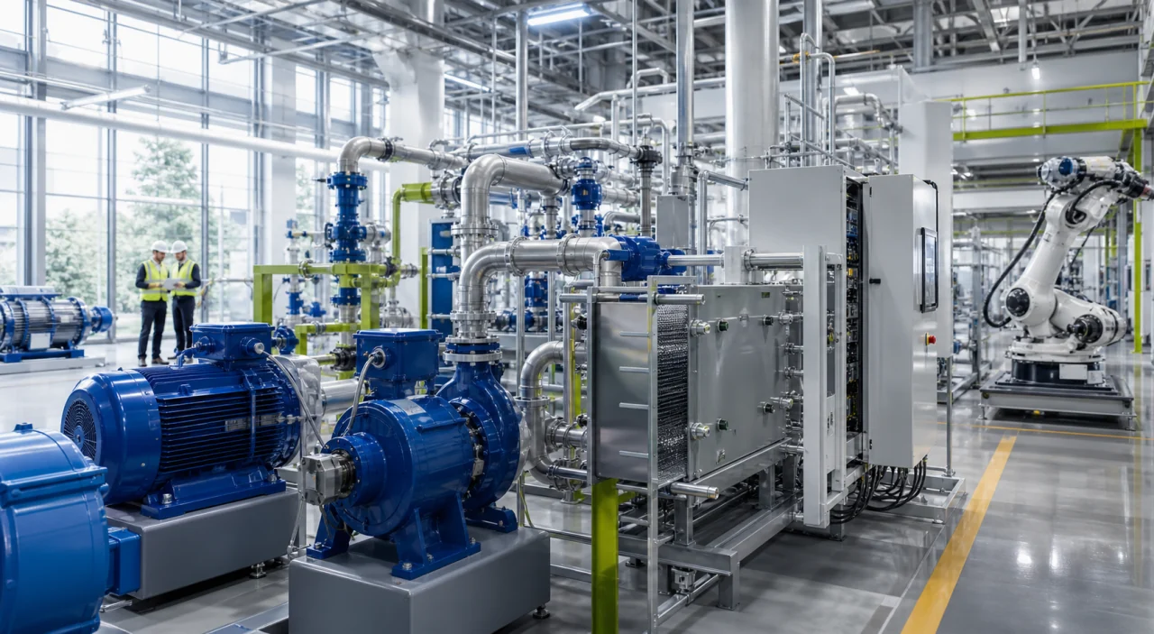 Industrial motors, pumps and process piping in an energy system