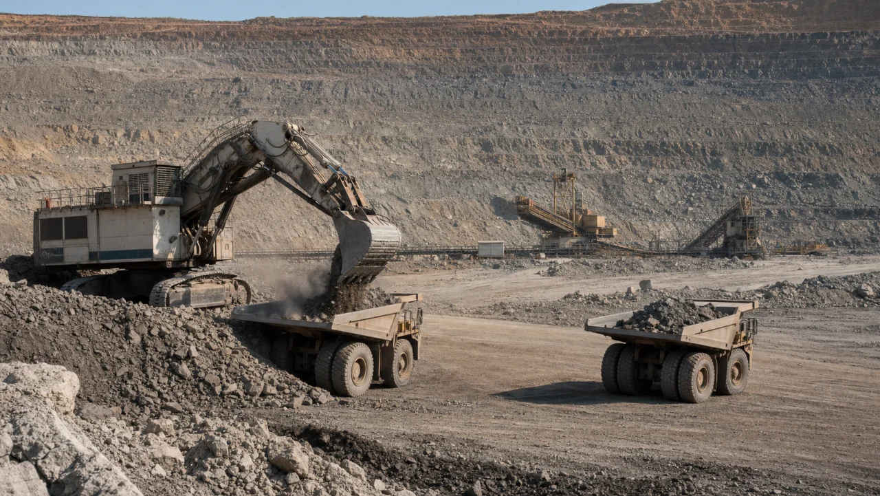 Excavator loading haul trucks inside an open-pit mine