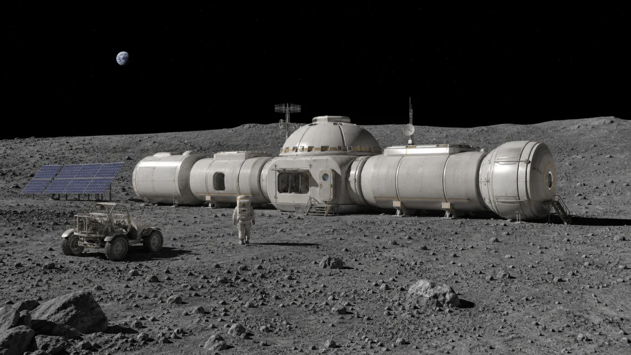 Lunar habitat with an astronaut, rover and solar array